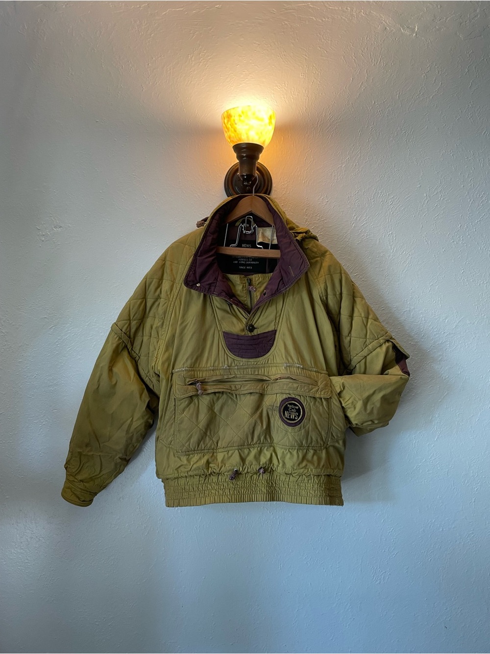 Men's Quilted Pullover Puffer Jacket - Olive with Plum Trim